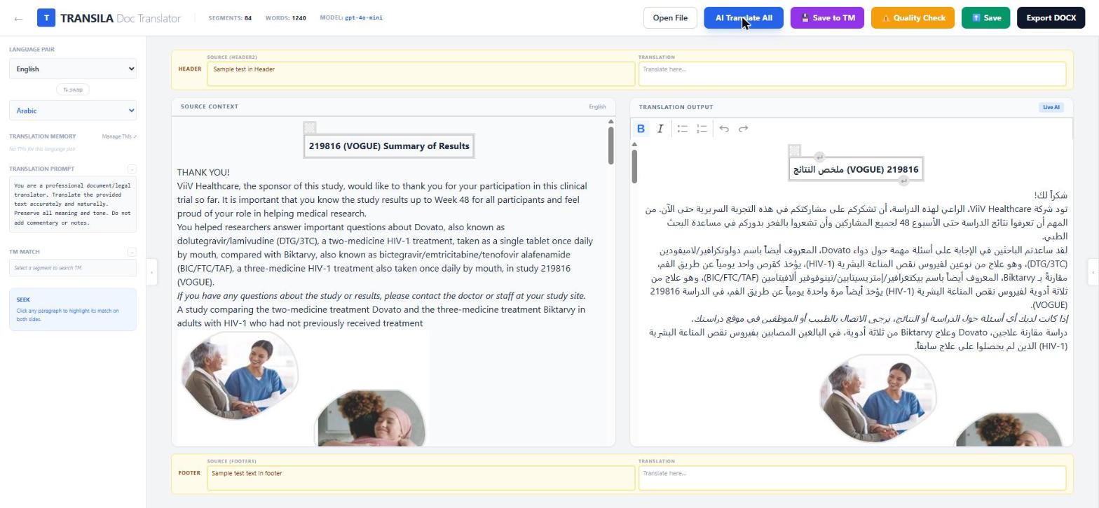 Doc Translator — side-by-side source and translation editors with headers, footers, embedded images, and full Arabic translation