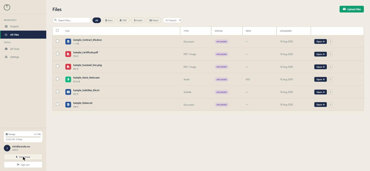 Transila Office Files workspace — upload, search, and manage all your documents in one place