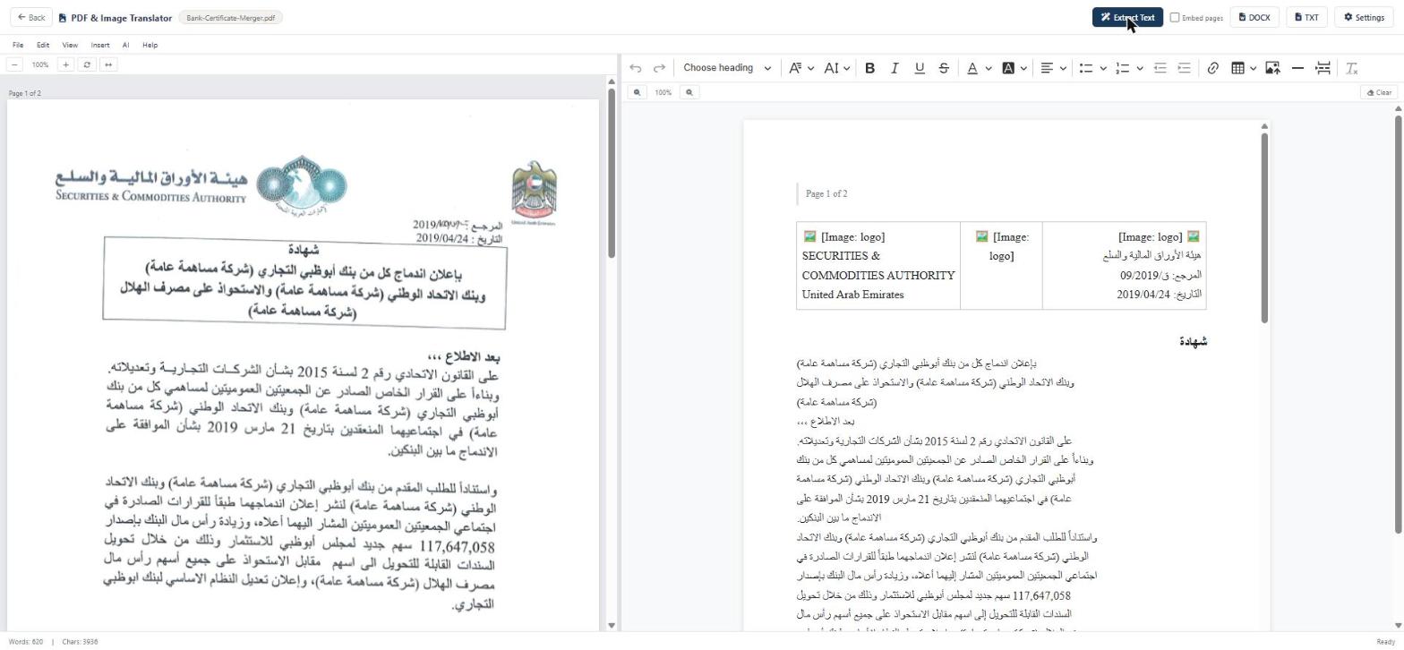 PDF & Image Translator — a scanned bank certificate extracted into a structured, editable document with headers and tables preserved