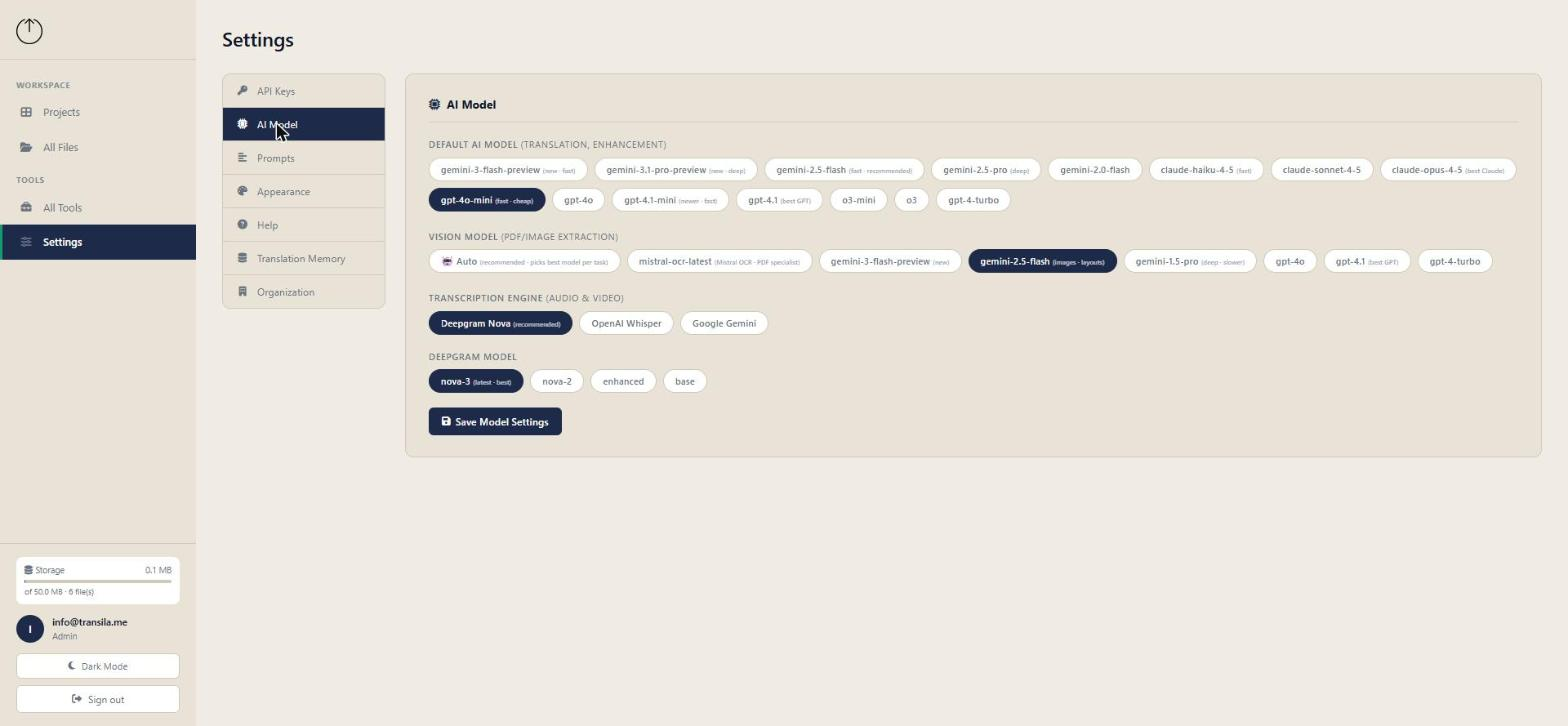 Settings — choose your default AI model, vision model, and transcription engine per workspace