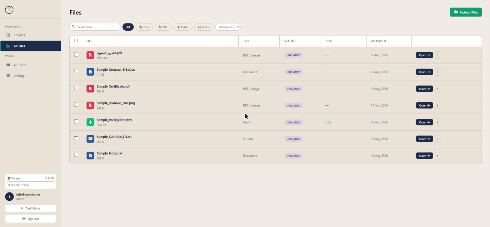 A ready-to-use Transila Office workspace — files uploaded and organized minutes after signup