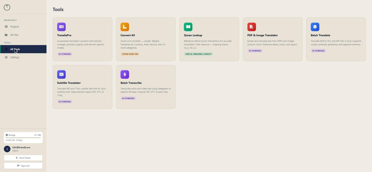 Transila Office All Tools grid — TransilaPro, Convert All, Quran Lookup, PDF & Image Translator, Batch Translate, Subtitle Translator, Batch Transcribe