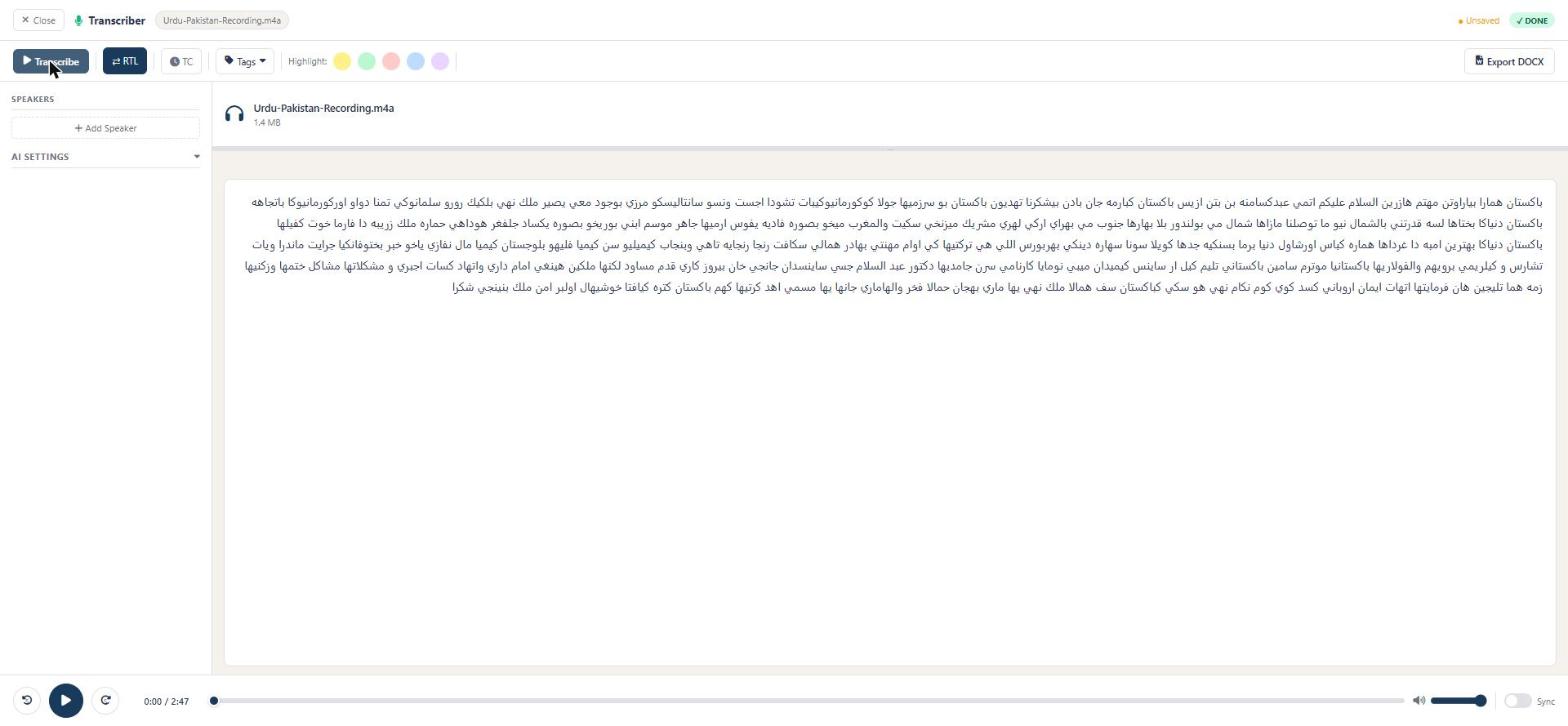 Transcriber — audio and video transcribed to text, with RTL support and speaker tagging